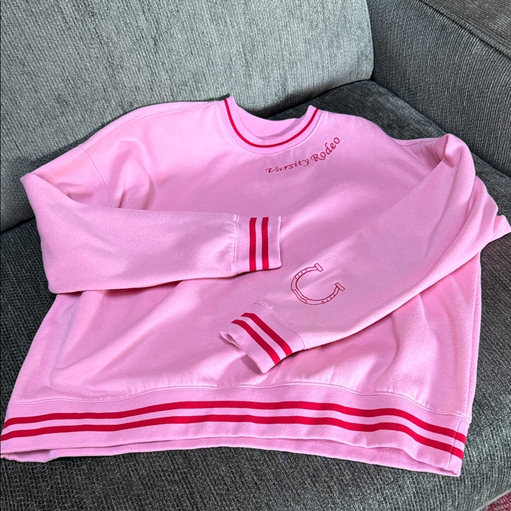Pink Varsity Rodeo Sweatshirt with Striped Trim